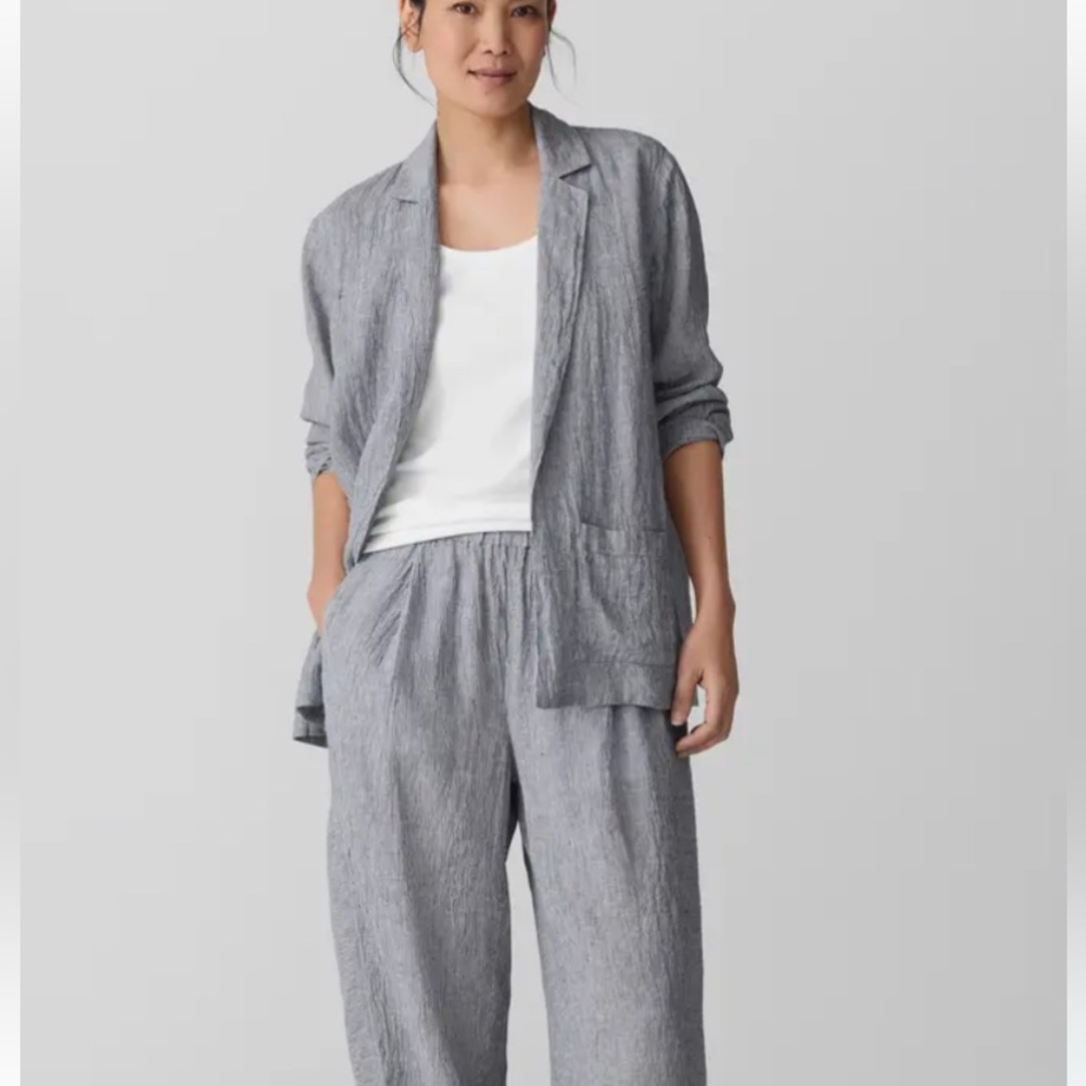 Eileen Fisher Organic Linen Open Front Blazer Jacket Womens Large Gray Striped
